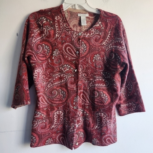 Tweeds Women Red Pasley Lamb Wool/Angora 3/4 Sleeves Cardigan size XL Petite - Picture 1 of 6